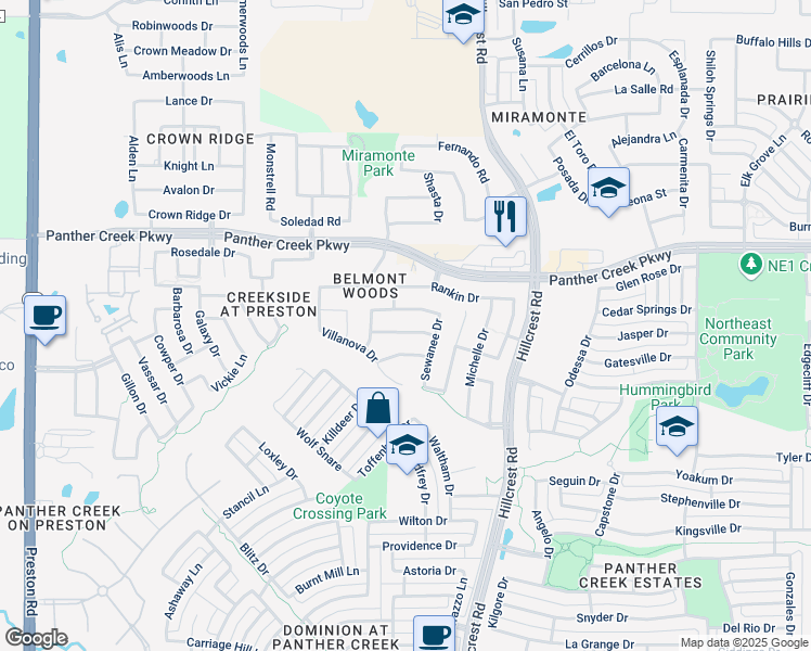 map of restaurants, bars, coffee shops, grocery stores, and more near 10775 Midway Drive in Frisco