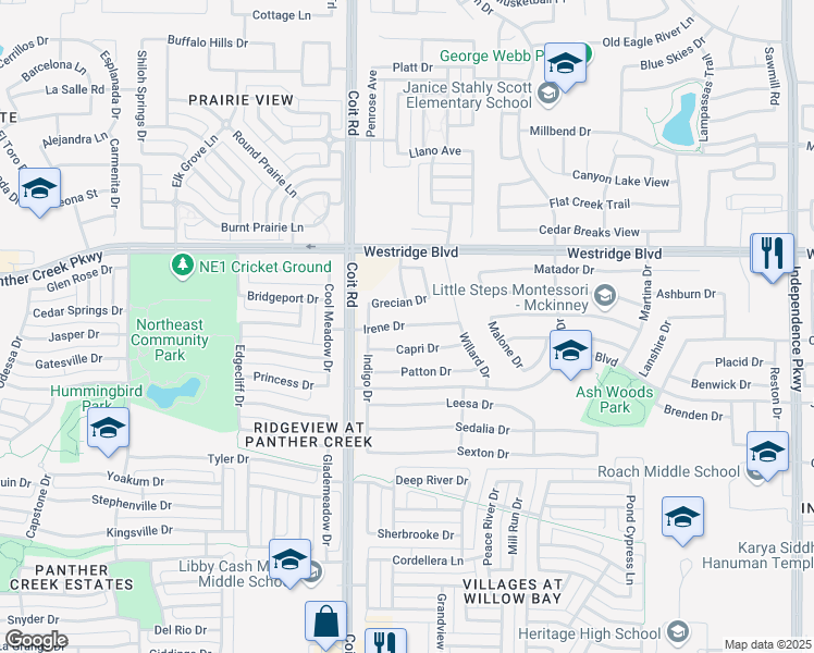 map of restaurants, bars, coffee shops, grocery stores, and more near Irene Drive in McKinney