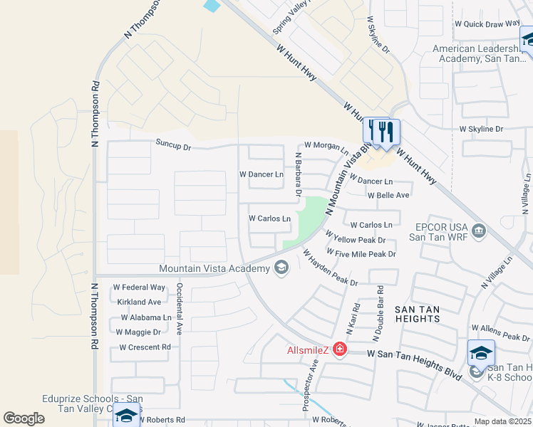 map of restaurants, bars, coffee shops, grocery stores, and more near 3784 West Carlos Lane in Queen Creek