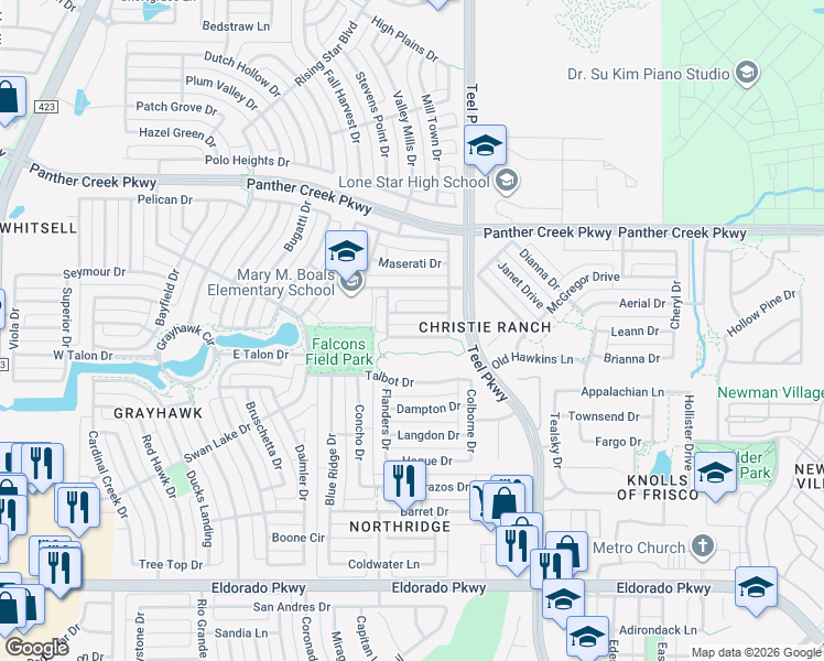 map of restaurants, bars, coffee shops, grocery stores, and more near 2205 Chenault Drive in Frisco