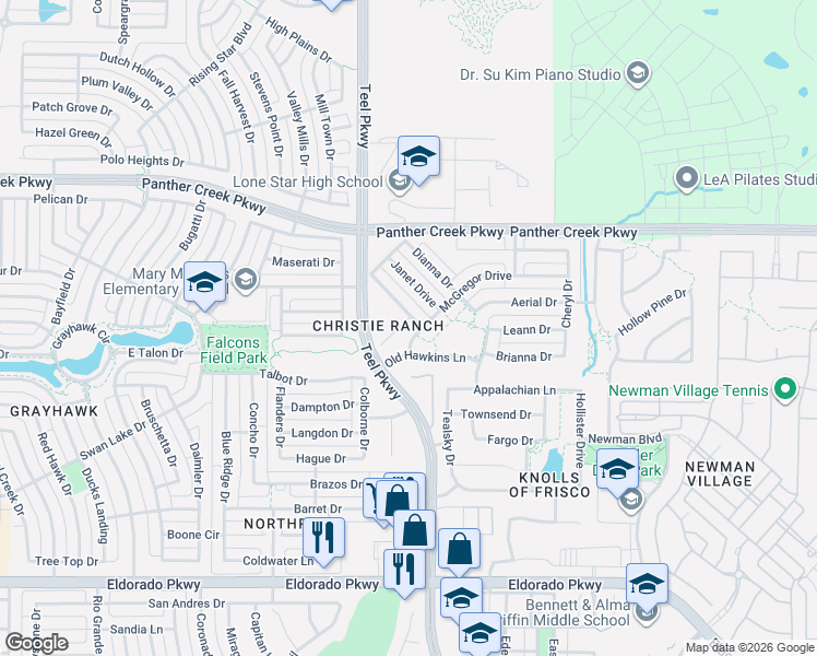 map of restaurants, bars, coffee shops, grocery stores, and more near 2573 Hannah Circle in Frisco