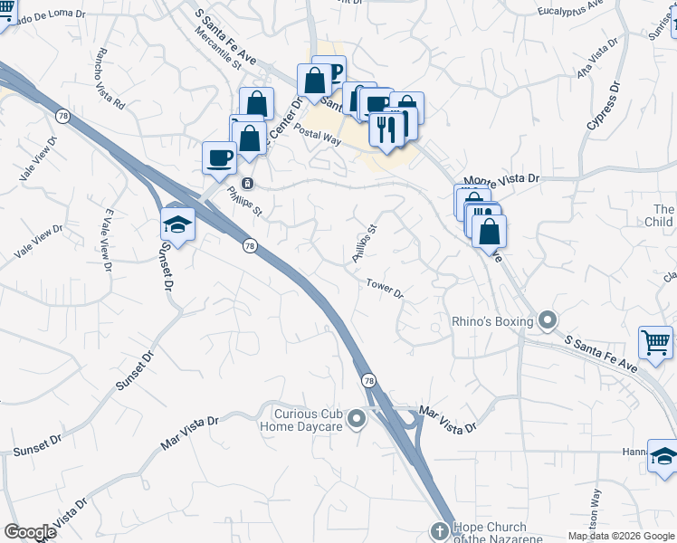 map of restaurants, bars, coffee shops, grocery stores, and more near 1037 Phillips Street in Vista