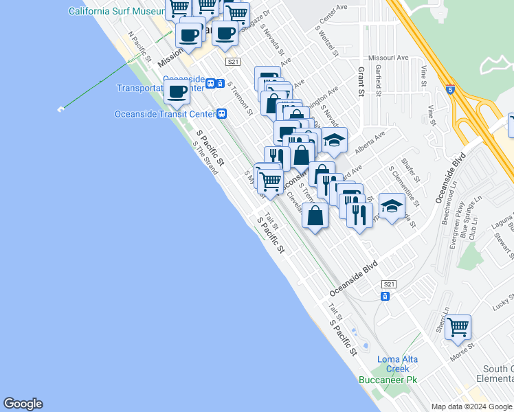 map of restaurants, bars, coffee shops, grocery stores, and more near 102 Wisconsin Avenue in Oceanside