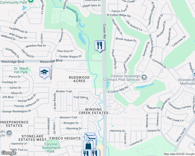 map of restaurants, bars, coffee shops, grocery stores, and more near 16031 Plum Lane in McKinney