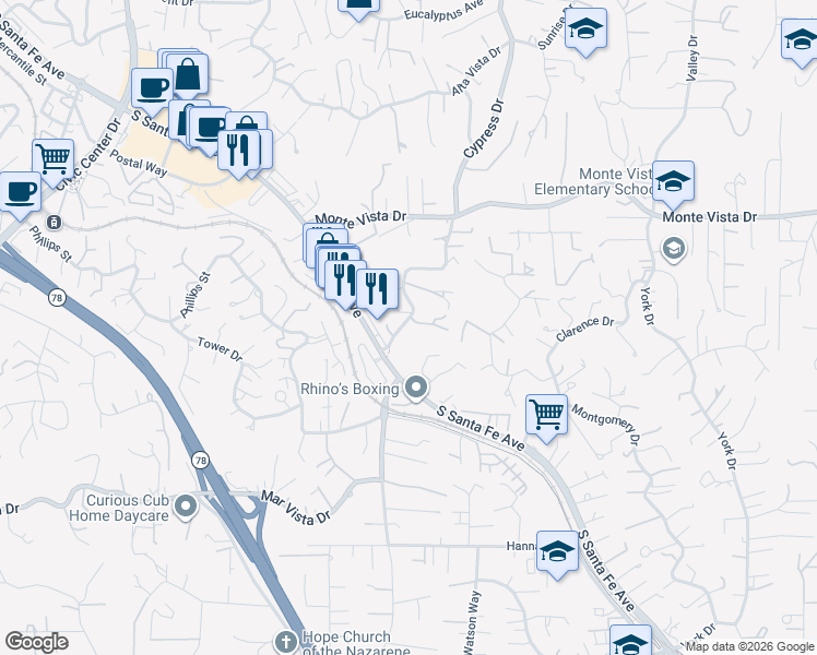 map of restaurants, bars, coffee shops, grocery stores, and more near 1277 Cypress Drive in Vista
