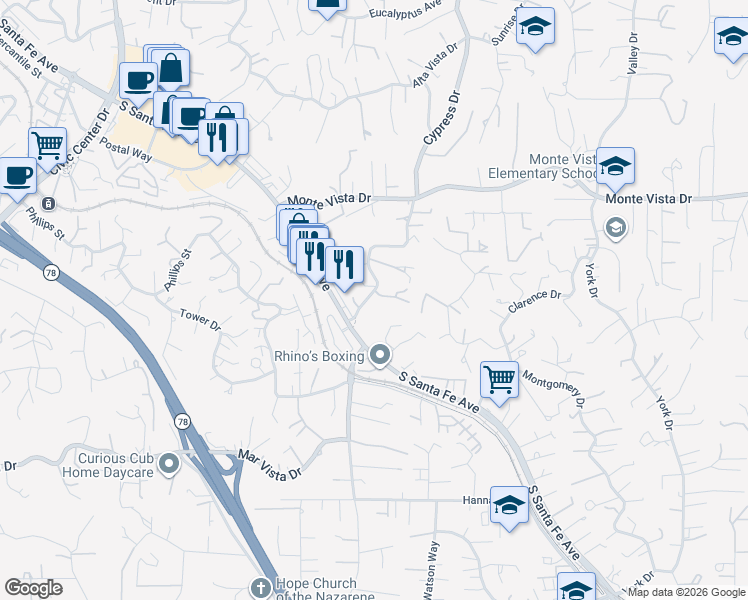 map of restaurants, bars, coffee shops, grocery stores, and more near 1277 Cypress Drive in Vista