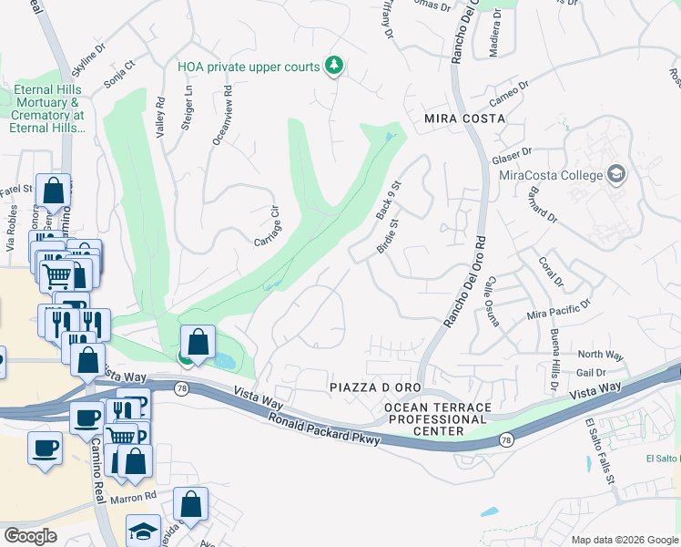 map of restaurants, bars, coffee shops, grocery stores, and more near 2303 Snead Drive in Oceanside