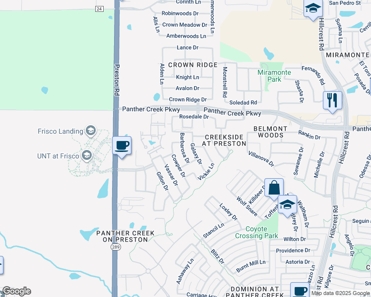 map of restaurants, bars, coffee shops, grocery stores, and more near 13140 Barbarosa Drive in Frisco