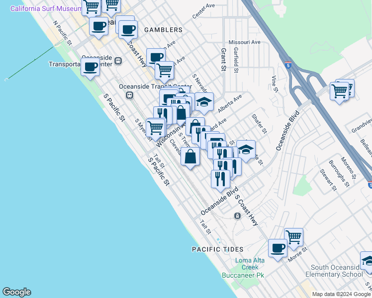 map of restaurants, bars, coffee shops, grocery stores, and more near 907 South Tremont Street in Oceanside
