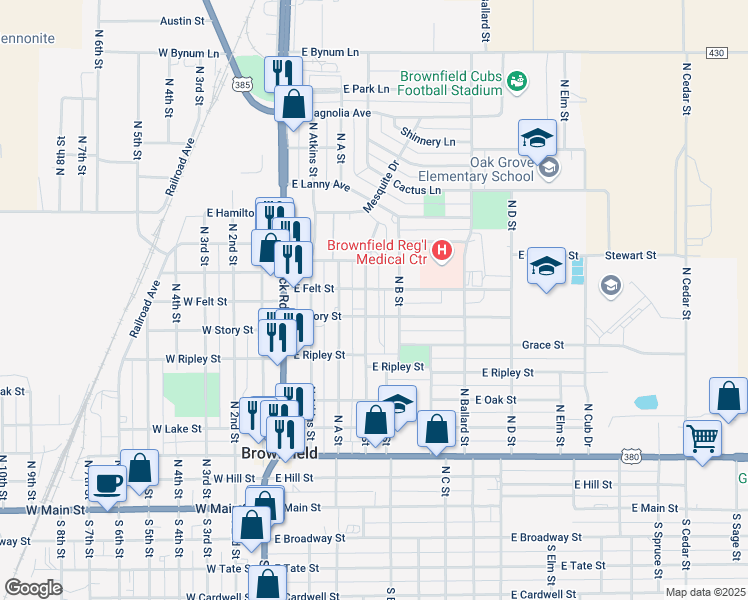 map of restaurants, bars, coffee shops, grocery stores, and more near 500-598 East Story Street in Brownfield
