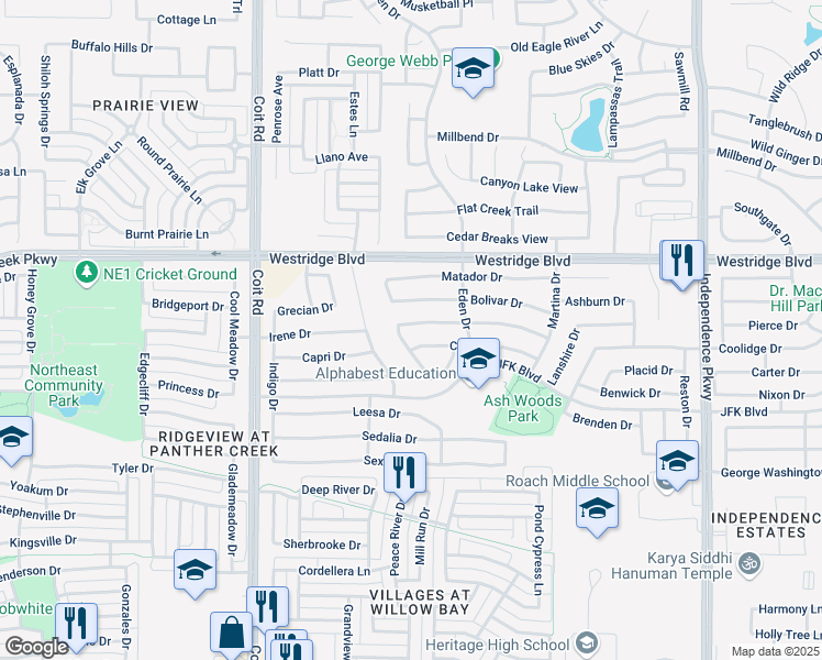 map of restaurants, bars, coffee shops, grocery stores, and more near 2136 Malone Drive in McKinney