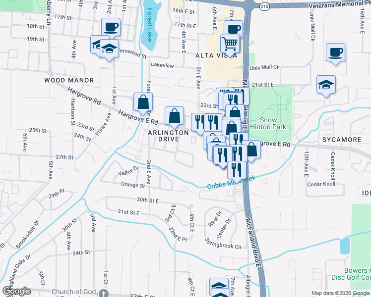 map of restaurants, bars, coffee shops, grocery stores, and more near 2502 5th Avenue East in Tuscaloosa