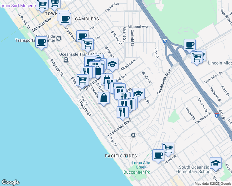map of restaurants, bars, coffee shops, grocery stores, and more near 1016 South Tremont Street in Oceanside