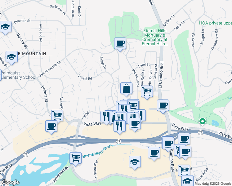 map of restaurants, bars, coffee shops, grocery stores, and more near 1993 Catamaran Way in Oceanside