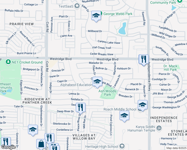 map of restaurants, bars, coffee shops, grocery stores, and more near 10501 Cochron Drive in McKinney