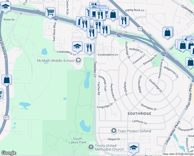 map of restaurants, bars, coffee shops, grocery stores, and more near 2109 Fairfax Road in Denton
