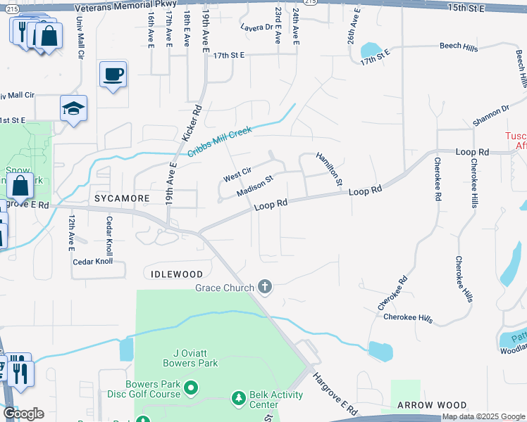 map of restaurants, bars, coffee shops, grocery stores, and more near 114 East Glen Iris in Tuscaloosa