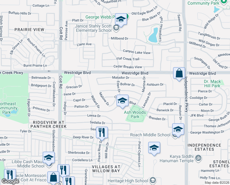 map of restaurants, bars, coffee shops, grocery stores, and more near 2200 Marion Drive in McKinney