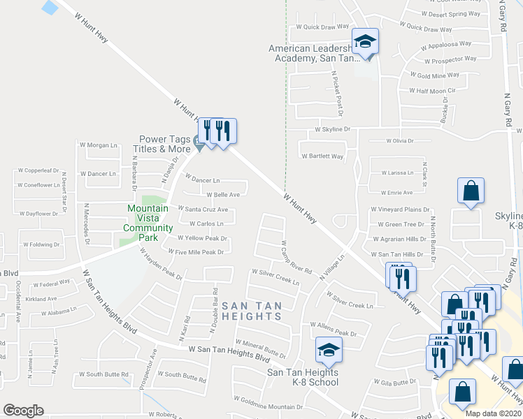 map of restaurants, bars, coffee shops, grocery stores, and more near 2866 West Santa Cruz Avenue in Queen Creek