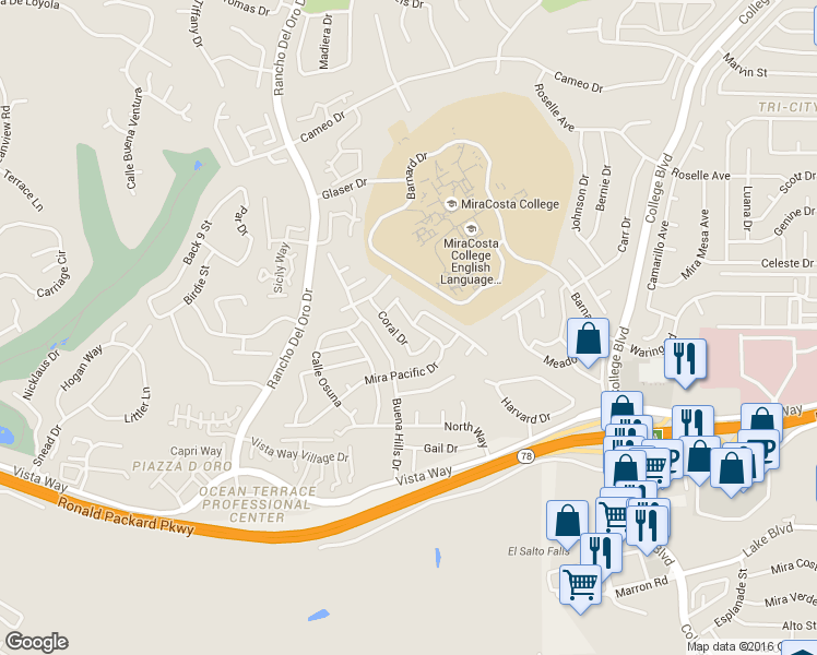 map of restaurants, bars, coffee shops, grocery stores, and more near 3724 Mira Pacific Drive in Oceanside