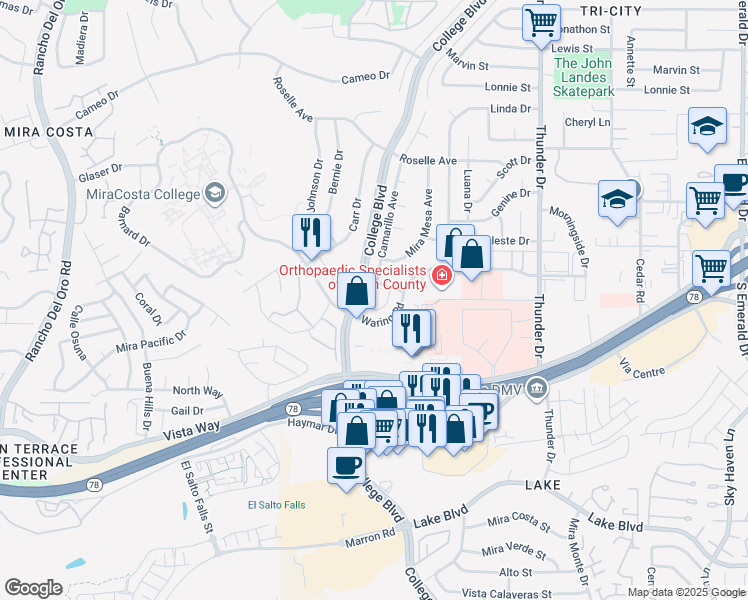 map of restaurants, bars, coffee shops, grocery stores, and more near 3325 Heather Lane in Oceanside