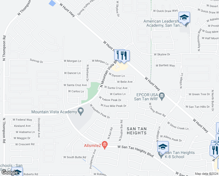 map of restaurants, bars, coffee shops, grocery stores, and more near 3290 West Santa Cruz Avenue in San Tan Valley