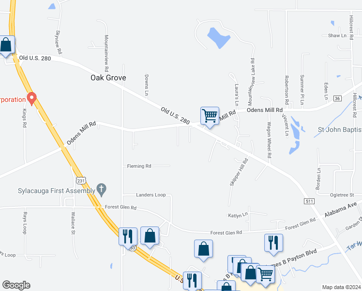 map of restaurants, bars, coffee shops, grocery stores, and more near 109 Hannah Lane in Sylacauga