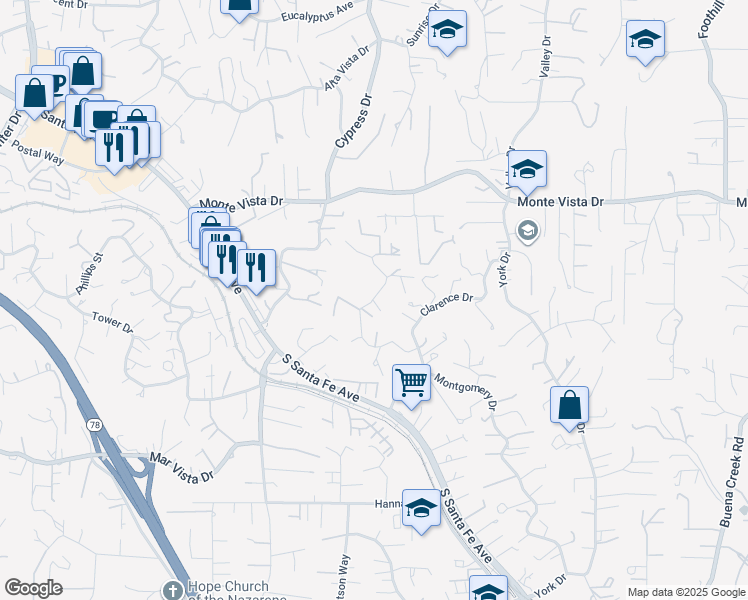 map of restaurants, bars, coffee shops, grocery stores, and more near 1256 Barbara Drive in Vista