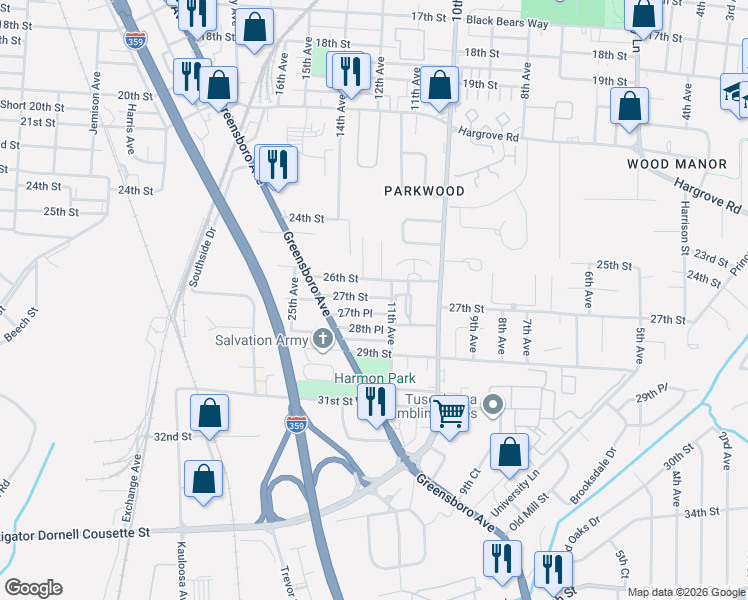 map of restaurants, bars, coffee shops, grocery stores, and more near 1243-1299 26th St in Tuscaloosa