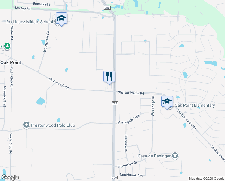 map of restaurants, bars, coffee shops, grocery stores, and more near 129 Shahan Prairie Road in Oak Point