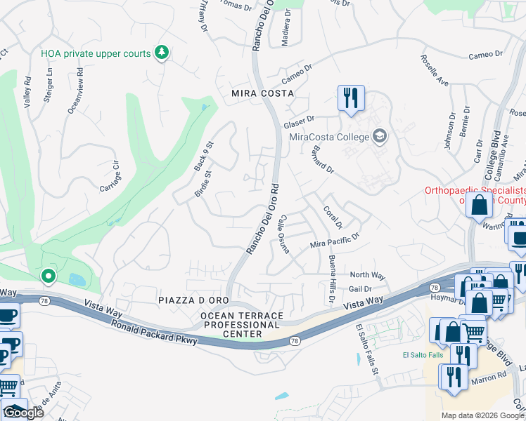 map of restaurants, bars, coffee shops, grocery stores, and more near 2360 Rancho Del Oro Road in Oceanside