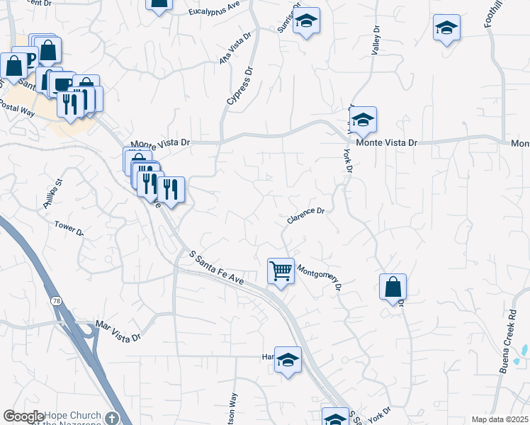 map of restaurants, bars, coffee shops, grocery stores, and more near 1256 Barbara Drive in Vista