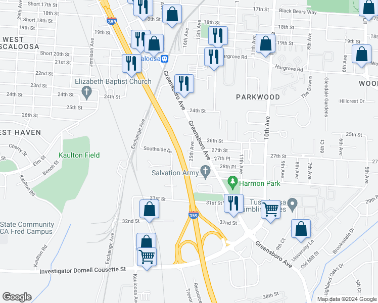 map of restaurants, bars, coffee shops, grocery stores, and more near 2501 27th Street in Tuscaloosa