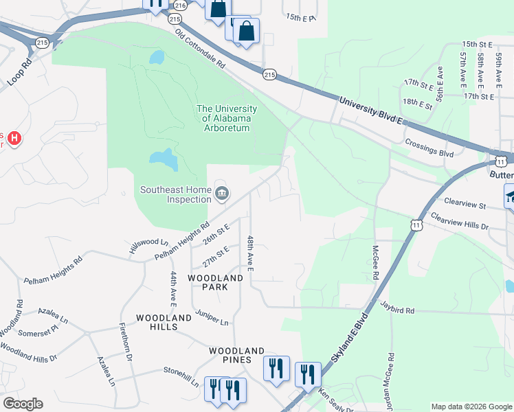 map of restaurants, bars, coffee shops, grocery stores, and more near 4834 Pelham Heights Road in Tuscaloosa