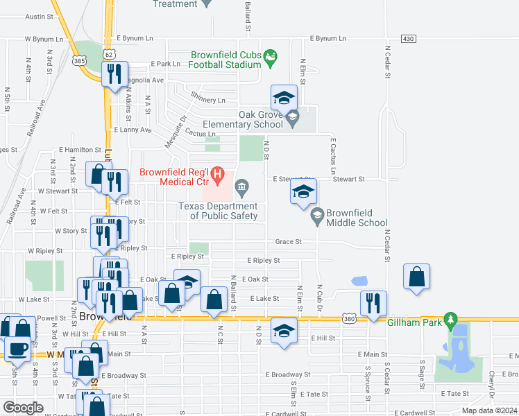 map of restaurants, bars, coffee shops, grocery stores, and more near 907 East Felt Street in Brownfield