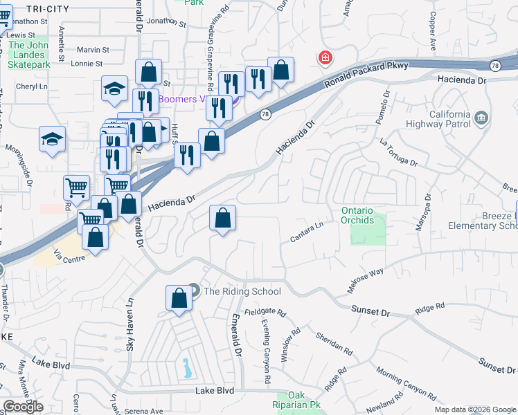 map of restaurants, bars, coffee shops, grocery stores, and more near 1640 Magnolia Circle in Vista