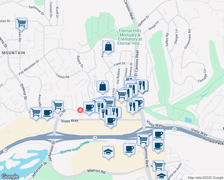 map of restaurants, bars, coffee shops, grocery stores, and more near 2163 Via Esmarca in Oceanside