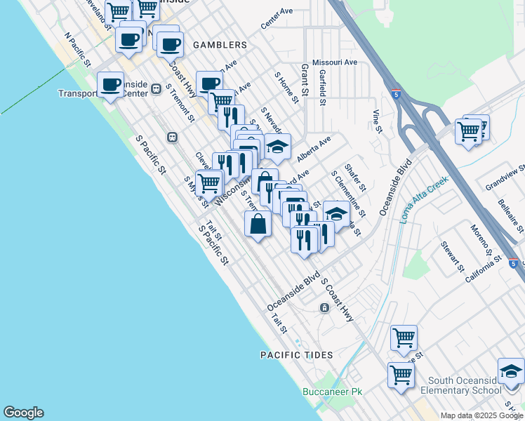 map of restaurants, bars, coffee shops, grocery stores, and more near 902 South Coast Highway in Oceanside