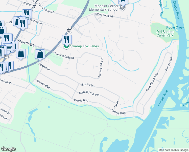 map of restaurants, bars, coffee shops, grocery stores, and more near 1604 Scarlet Oak Court in Moncks Corner