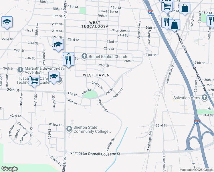 map of restaurants, bars, coffee shops, grocery stores, and more near 2729 Hickory Street in Tuscaloosa
