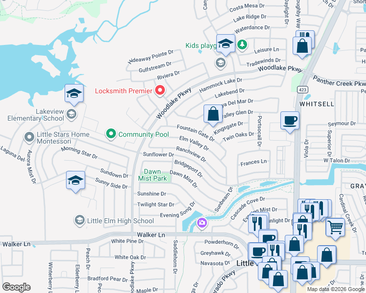 map of restaurants, bars, coffee shops, grocery stores, and more near 2357 Elm Valley Drive in Little Elm