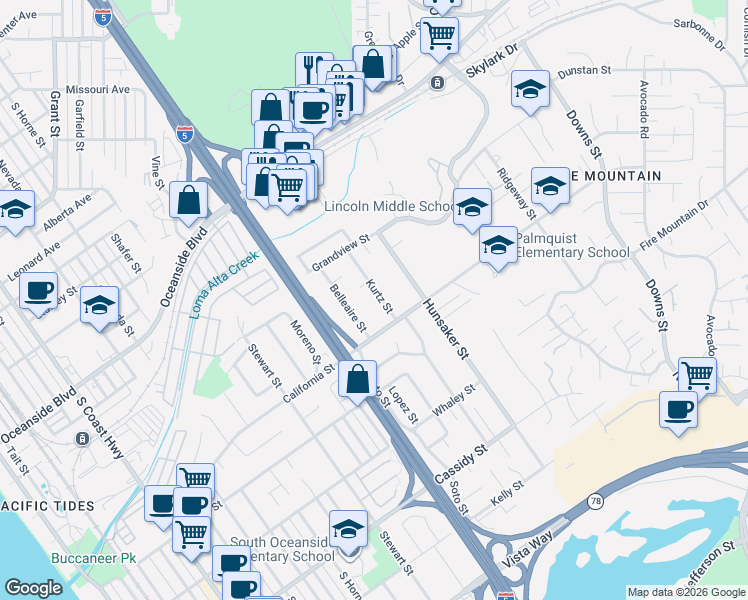 map of restaurants, bars, coffee shops, grocery stores, and more near 1457 Kurtz Street in Oceanside
