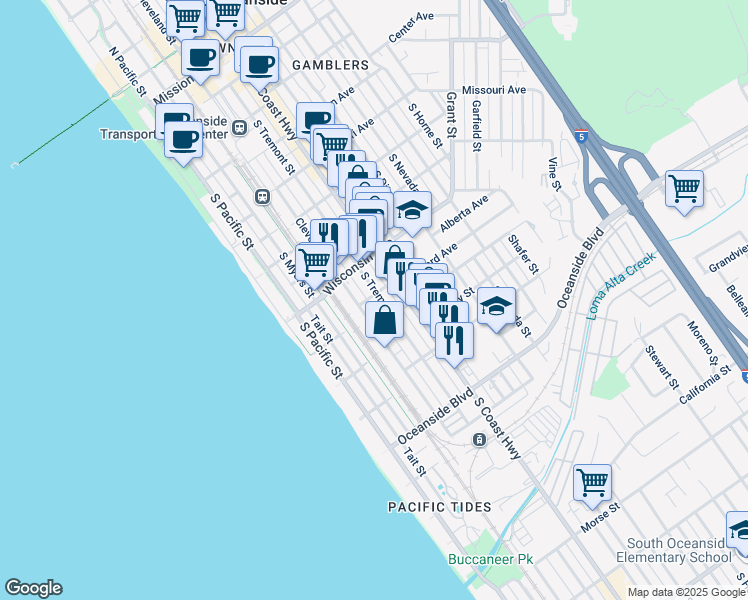 map of restaurants, bars, coffee shops, grocery stores, and more near in Oceanside