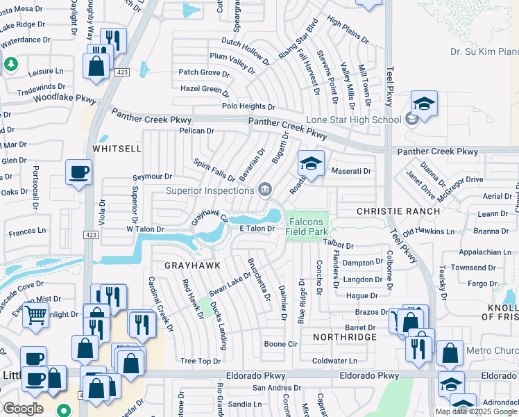 map of restaurants, bars, coffee shops, grocery stores, and more near 13107 Mannheim Drive in Frisco