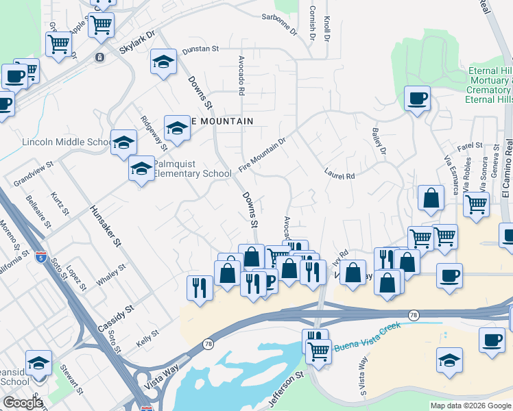 map of restaurants, bars, coffee shops, grocery stores, and more near 1838 Samoa Way in Oceanside