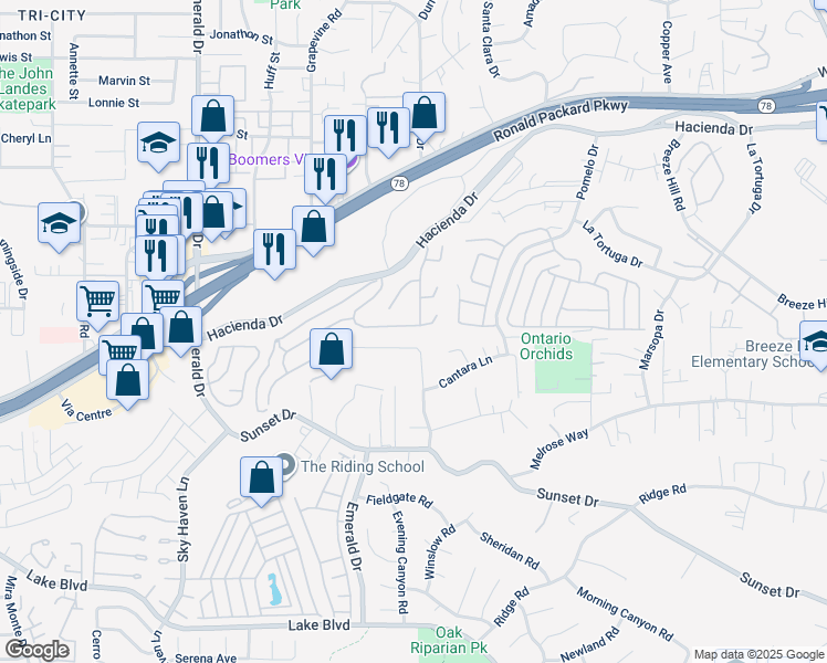 map of restaurants, bars, coffee shops, grocery stores, and more near 1606 Carriage Circle in Vista