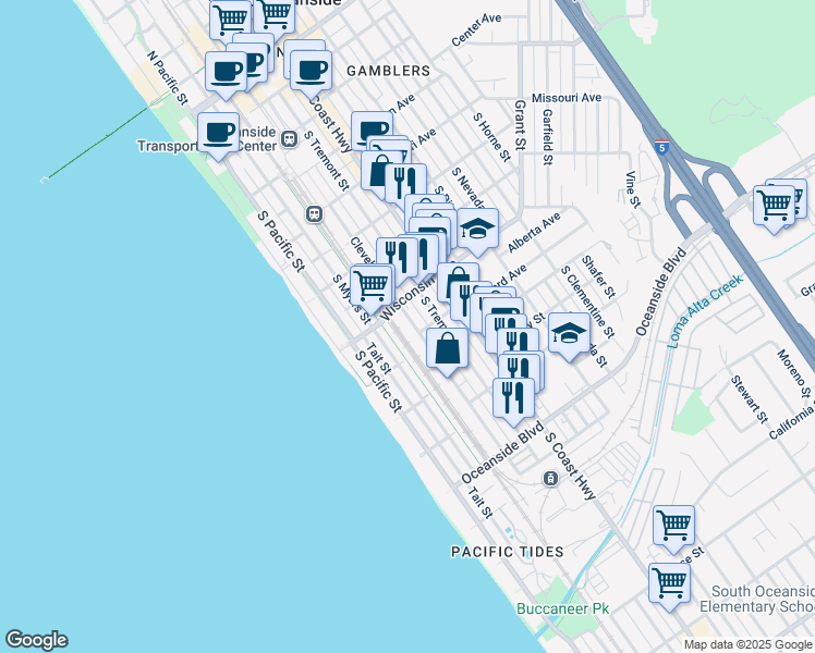 map of restaurants, bars, coffee shops, grocery stores, and more near 855 South Cleveland Street in Oceanside