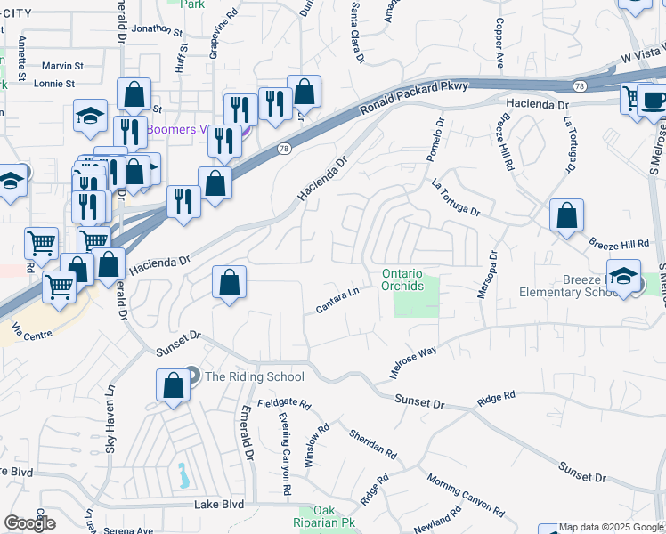 map of restaurants, bars, coffee shops, grocery stores, and more near 1238 Via Angelica in Vista