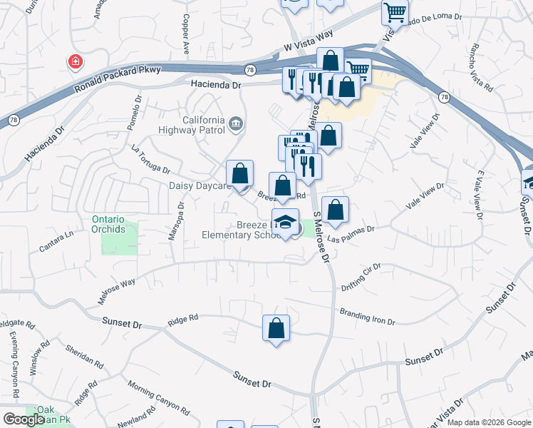 map of restaurants, bars, coffee shops, grocery stores, and more near 730 Breeze Hill Road in Vista
