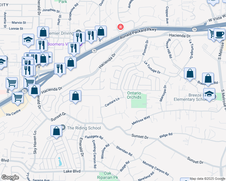 map of restaurants, bars, coffee shops, grocery stores, and more near 1210 Adobe Terrace in Vista